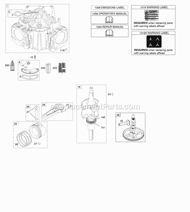 Briggs and Stratton 445877-0130-E1 Engine Camshaft Crankshaft Cylinder Piston Rings Connecting Rod Diagram