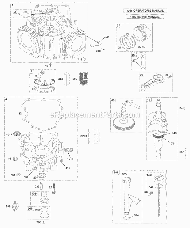 Briggs and Stratton 446677-0125-B1 Engine Camshaft Crankshaft Cylinder Engine Sump Lubrication Piston Rings Connecting Rod Diagram