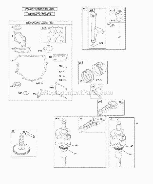 Briggs and Stratton 446777-0025-E1 Engine Camshaft Crankshaft Gasket Set - Engine Lubrication Piston Rings Connecting Rod Diagram