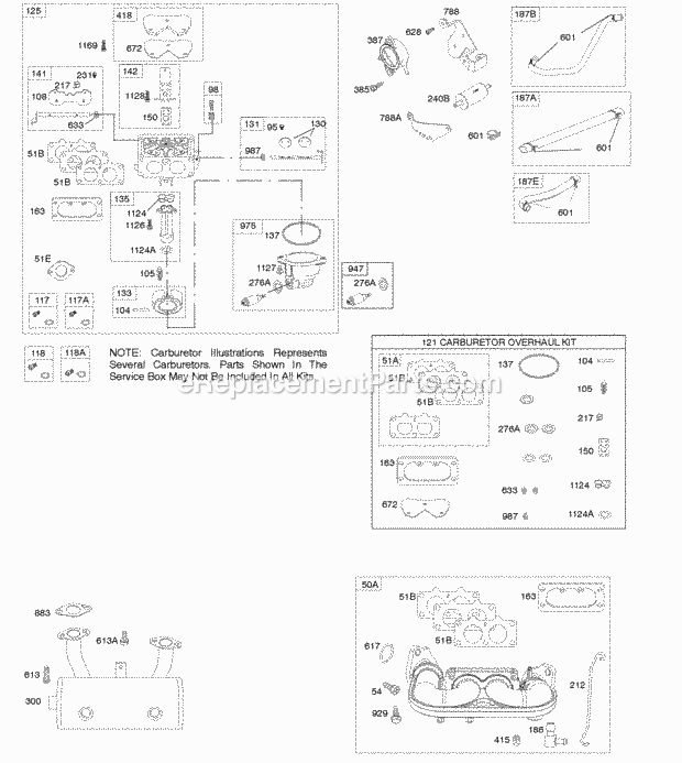 Briggs and Stratton 44M777-1387-G1 Engine Carburetor Exhaust System Fuel Supply Intake Manifold Kit-Carburetor Overhaul Diagram