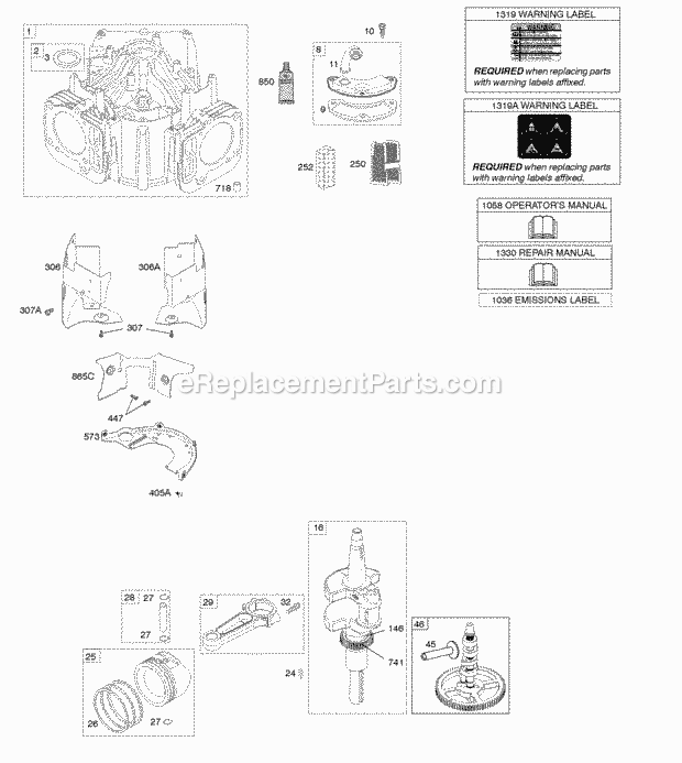 Briggs and Stratton 44Q977-0200-G5 Engine Camshaft Crankshaft Cylinder Piston Rings Connectiong Rod Diagram
