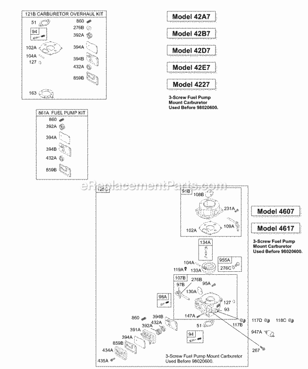 Briggs and Stratton 460707-2600-E1 Engine Carburetor 2 KitGasket Sets - Carburetor 2 KitGasket Sets - Fuel Pump 2 Diagram