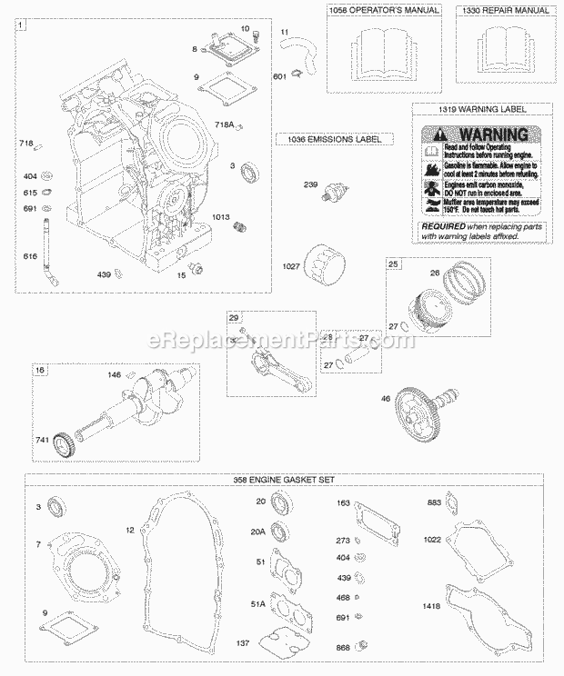 Briggs and Stratton 474177-0100-E1 Engine Camshaft Crankshaft Cylinder Manual Warning Label Engine Gasket Set Piston RingsConnecting Rods Diagram