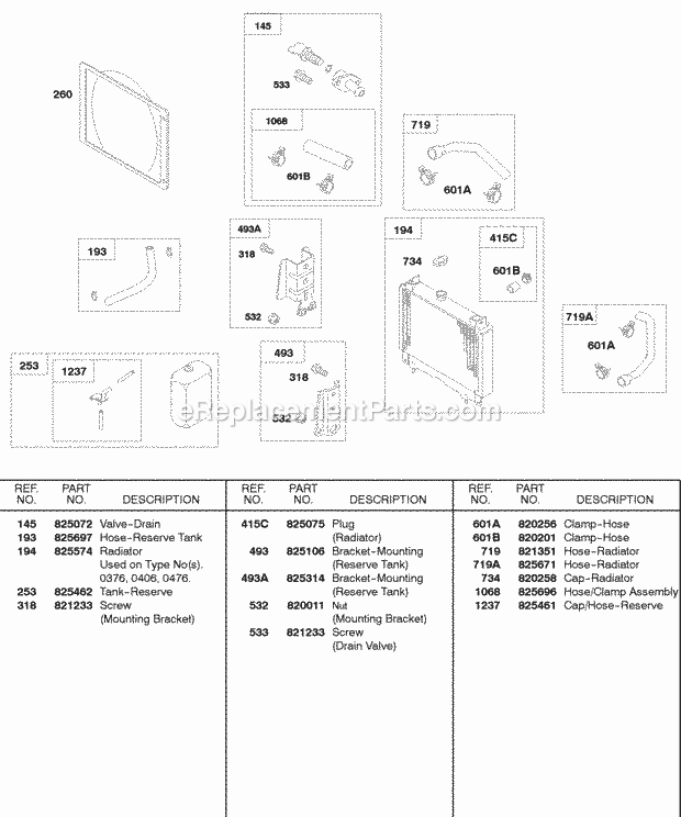 Briggs and Stratton 522447-0107-E2 Engine Radiator Hoses Mounting Brackets Diagram