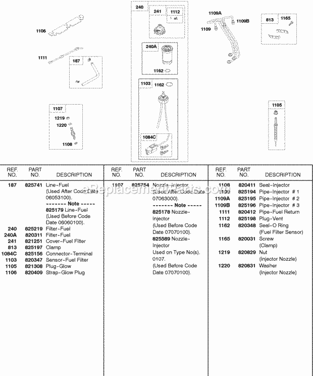 Briggs and Stratton 522447-0107-E2 Engine Fuel Filter Injector Pipes Glow Plugs Diagram