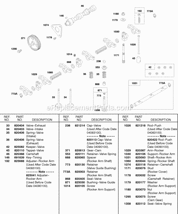 Briggs and Stratton 522447-0314-E2 Engine Valves Springs Camshaft Push Rods Diagram