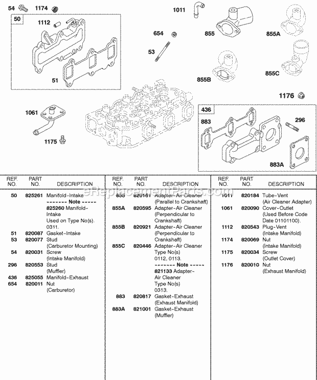 Briggs and Stratton 580447-0105-E2 Engine Intake Manifold Exhaust Manifold Diagram