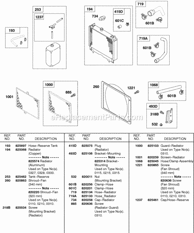 Briggs and Stratton 580447-0105-E2 Engine Radiator Hoses Mounting Brackets Screens Diagram