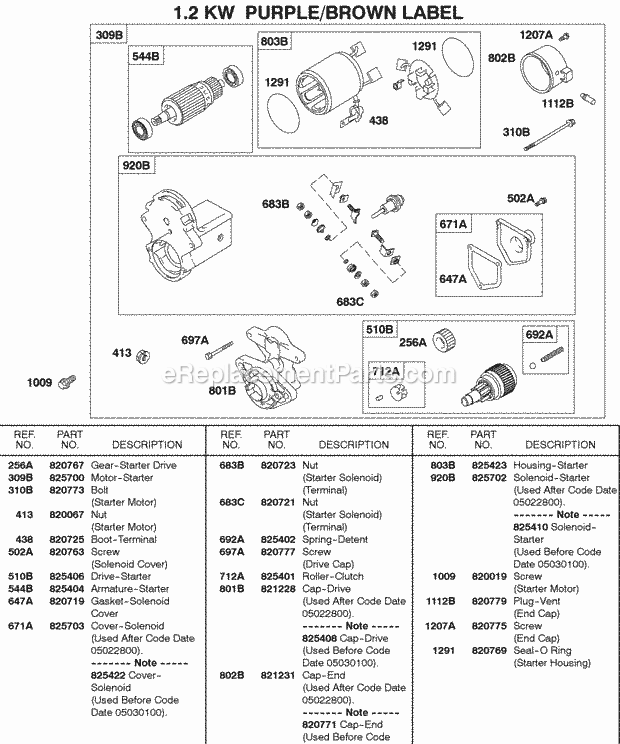 Briggs and Stratton 580447-0105-E2 Engine Starter Motor 12 Kw Purple Or Brown Label Diagram