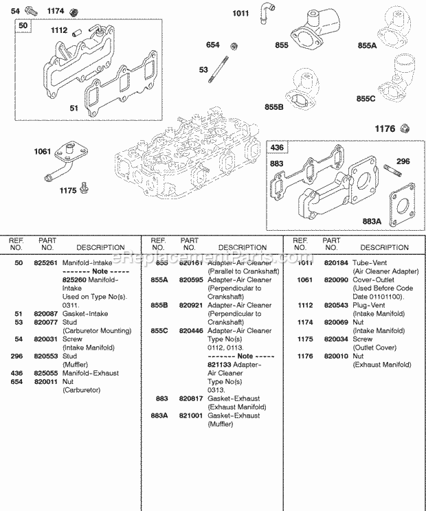 Briggs and Stratton 580447-0112-A1 Engine Intake Manifold Exhaust Manifold Diagram