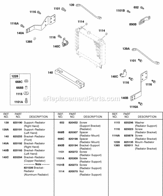 Briggs and Stratton 580447-0112-A1 Engine Radiator Mounting Brackets Diagram