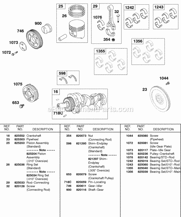 Briggs and Stratton 581447-0375-E2 Engine Crankshaft Piston Rings Flywheel Diagram