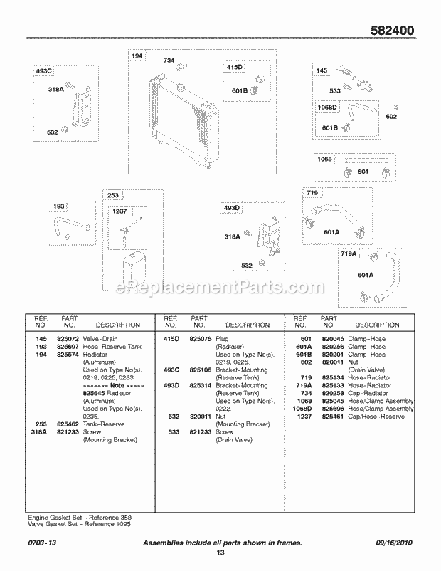 Briggs and Stratton 582447-0130-E2 Engine Radiator Hoses Diagram