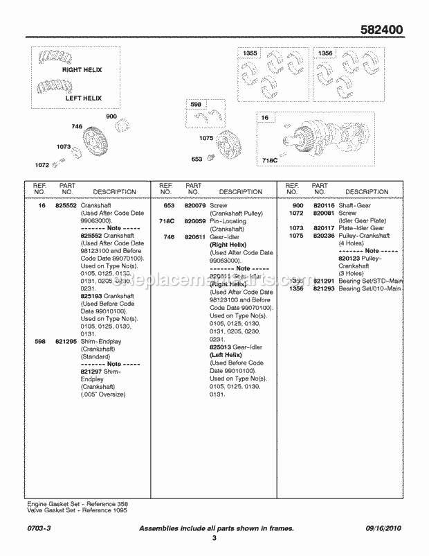 Briggs and Stratton 582447-0130-E2 Engine Crankshaft Idler Gear Diagram