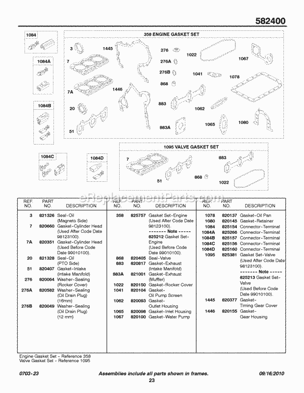 Briggs and Stratton 582447-0131-E2 Engine EngineValve Gasket Sets Connectors Diagram