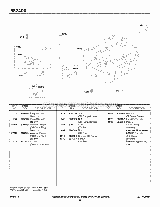 Briggs and Stratton 582447-0131-E2 Engine Oil Pan Oil Screen Diagram