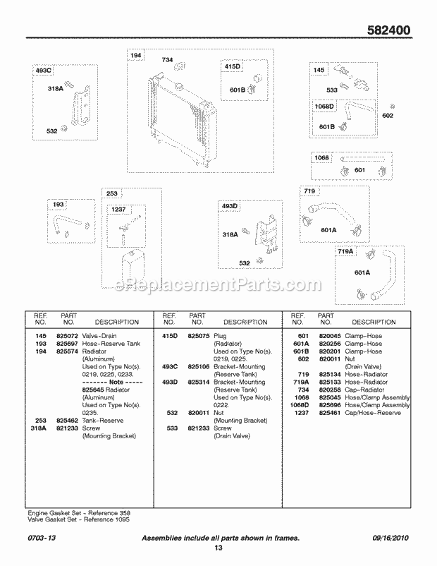 Briggs and Stratton 582447-0131-E2 Engine Radiator Hoses Diagram