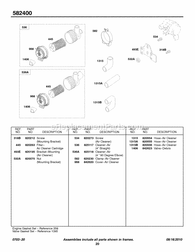 Briggs and Stratton 582447-0205-E2 Engine Air Cleaner Hoses Diagram