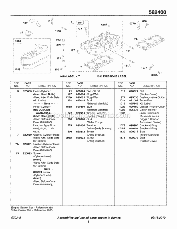 Briggs and Stratton 582447-0205-E2 Engine Cylinder Head Rocker Cover Diagram