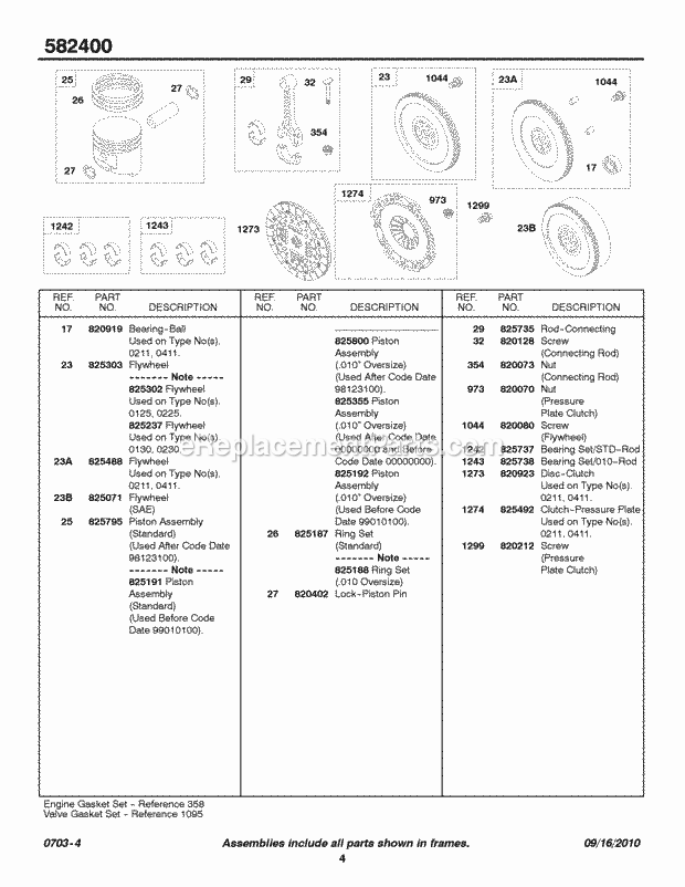 Briggs and Stratton 582447-0209-E2 Engine Piston Rings Flywheel Clutch Diagram