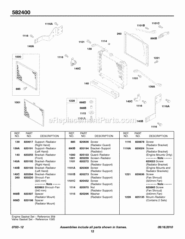 Briggs and Stratton 582447-0211-E2 Engine Radiator Brackets Radiator Screen Diagram