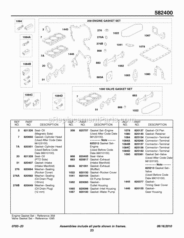 Briggs and Stratton 582447-0424-E2 Engine EngineValve Gasket Sets Connectors Diagram