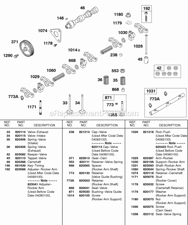 Briggs and Stratton 583447-0317-E2 Engine Valves Springs Camshaft Rockers Cam Gear Diagram
