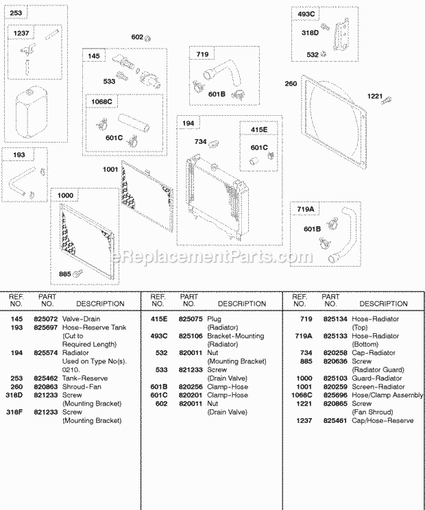 Briggs and Stratton 584447-0205-E2 Engine Radiator Screens Reserve Tank Drain Valve Diagram