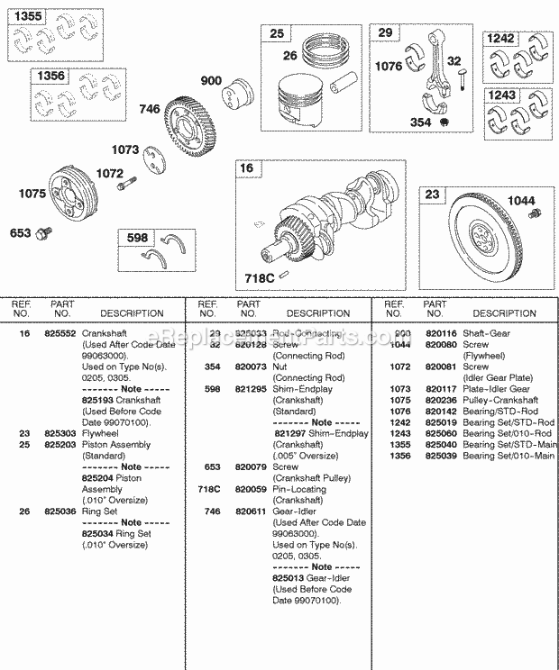 Briggs and Stratton 587447-0205-E2 Engine Piston Rings Crankshaft Flywheel Connecting Rod Diagram