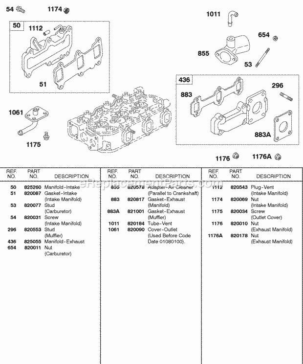 Briggs and Stratton 587447-0305-E2 Engine Intake Manifold Exhaust Manifold Diagram