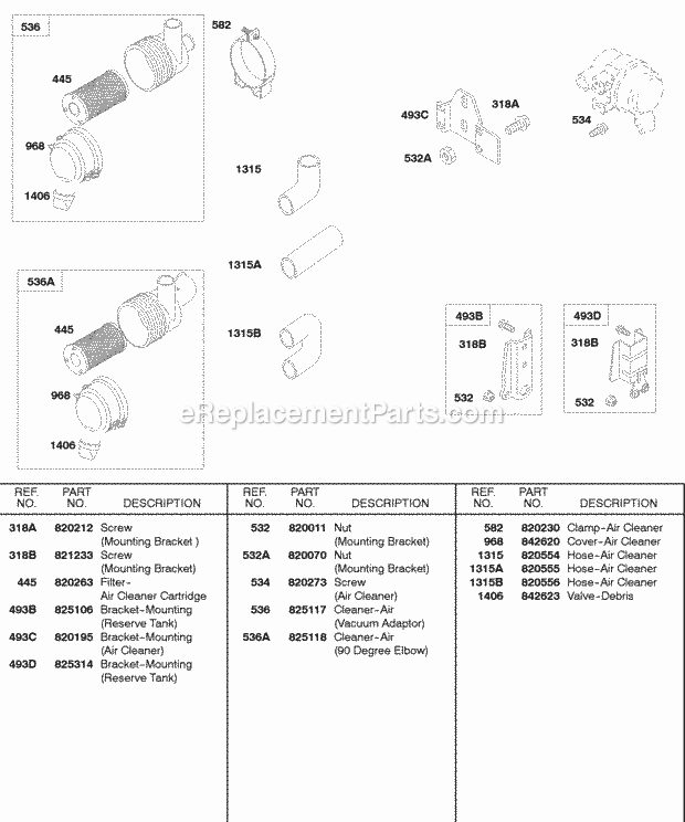 Briggs and Stratton 588447-0205-E2 Engine Air Cleaner Reserve Tank Radiator Brackets Diagram