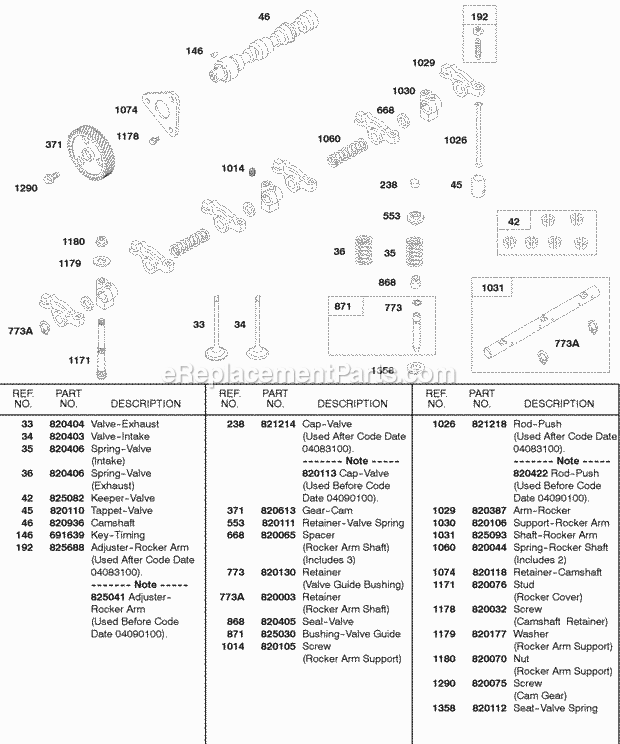 Briggs and Stratton 588447-0305-E2 Engine Camshaft Rocker Arm Shaft Diagram