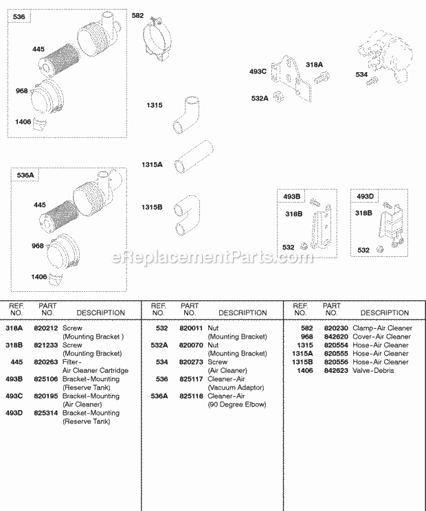 Briggs and Stratton 588447-0316-E2 Engine Air Cleaner Reserve Tank Radiator Brackets Diagram