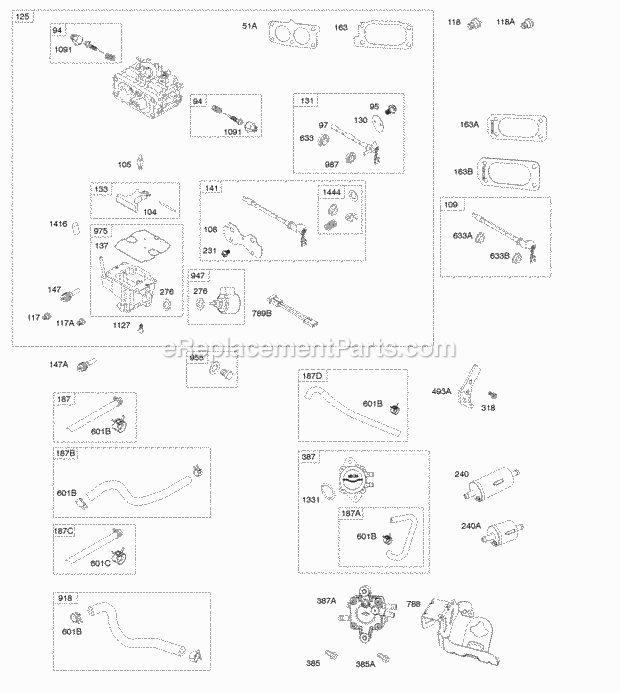 Briggs and Stratton 613477-0038-E1 Engine Carburetor Fuel Pumps Fuel Hoses Diagram