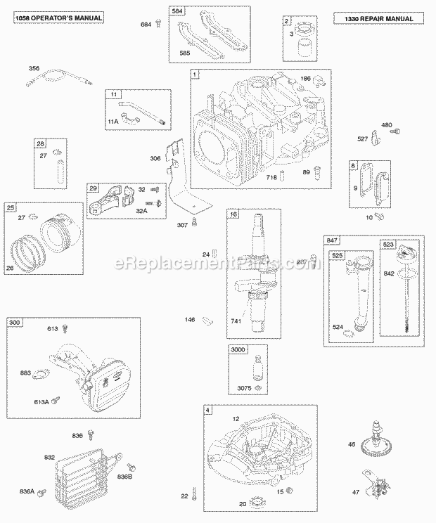 Briggs and Stratton AA0101-0025-01 Engine Crankcase CoverSump Crankshaft Oil Cylinder PistonRings Muffler Diagram