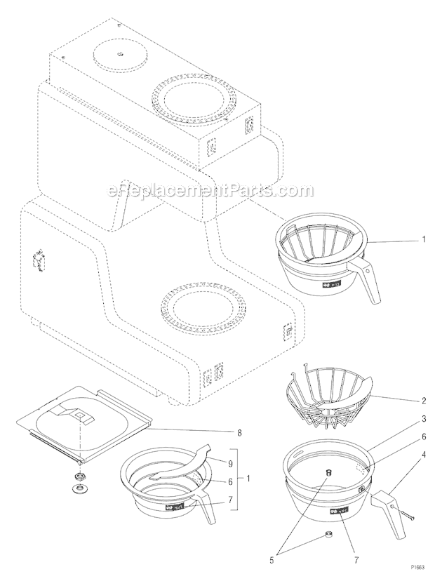 BUNN OL Coffee Brewer With Warmer Funnels And Baskets Diagram