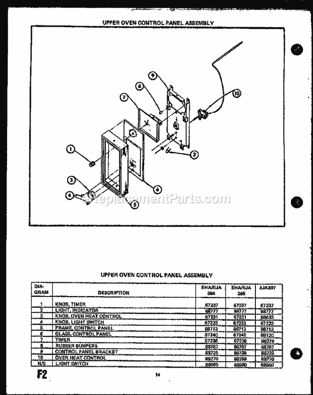 Caloric EHA395 Electric Electric Range Upper Oven Control Panel Assy Diagram
