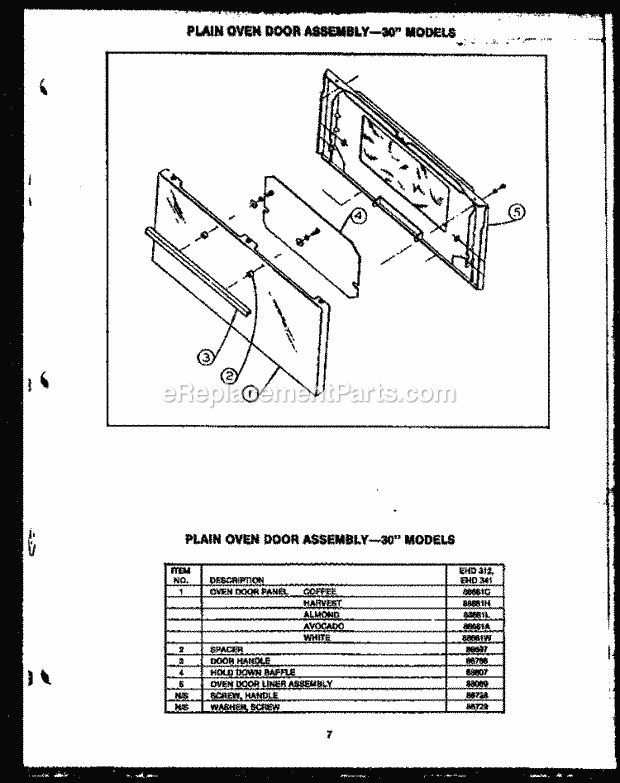 Caloric EHD312 Electric Ehd Model Electric Ranges Plain Oven Door Assy - - 30`` Models Diagram