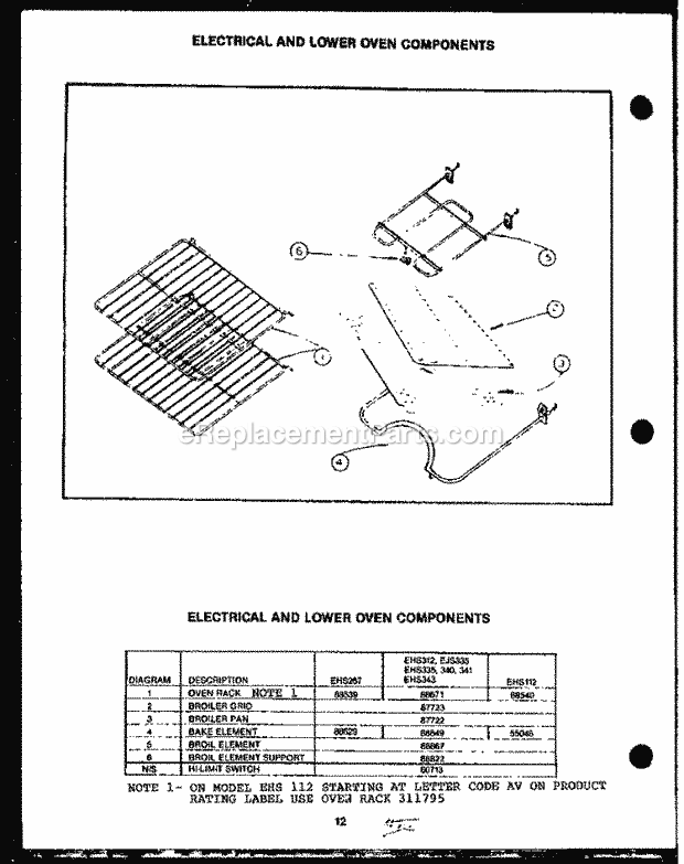 Caloric EHS267 Freestanding, Electric Electric Ranges Electrical and Lower Oven Components Diagram