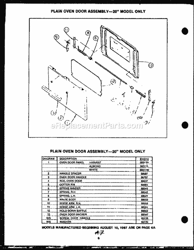 Caloric EHS267 Freestanding, Electric Electric Ranges Plain Oven Door Assy - 20`` Model Only Diagram