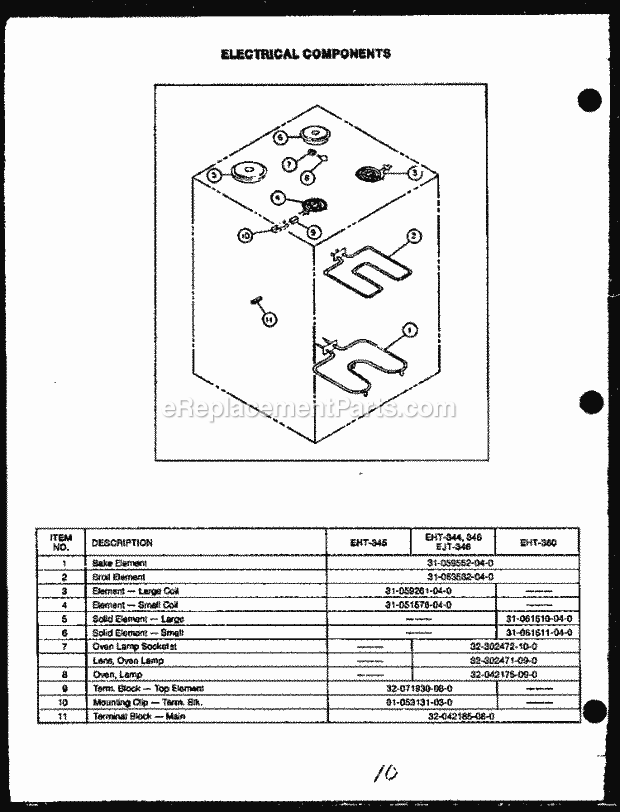 Caloric EHT-346 Freestanding, Electric Electric Ranges Electrical Components Diagram