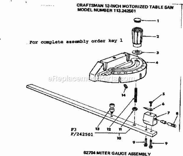 Craftsman 113242501 12-Inch Motorized Table Saw Miter Gauge Asm Diagram
