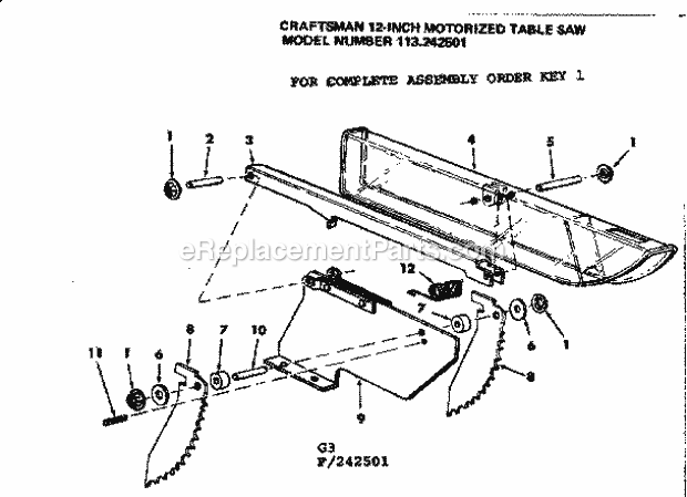 Craftsman 113242501 12-Inch Motorized Table Saw Guard Assembly Diagram