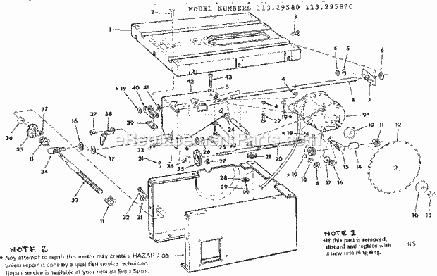 Craftsman 11329580 10 Inch Motorized Saw Unit Breakdown Diagram