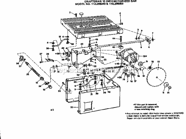 Craftsman 113298050 10 Inch Motorized Saw Unit Breakdown Diagram