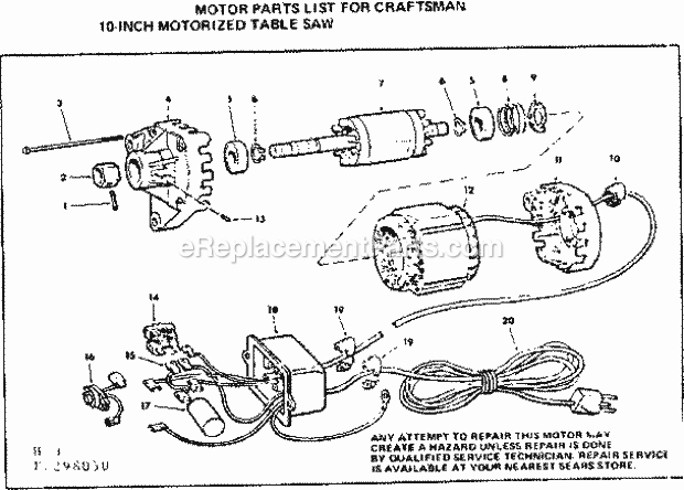 Craftsman 113298050 10 Inch Motorized Saw Motor / Control Box Diagram