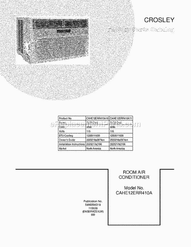 Crosley CAHE12ERR410A10 Room Air Conditioner Page B Diagram