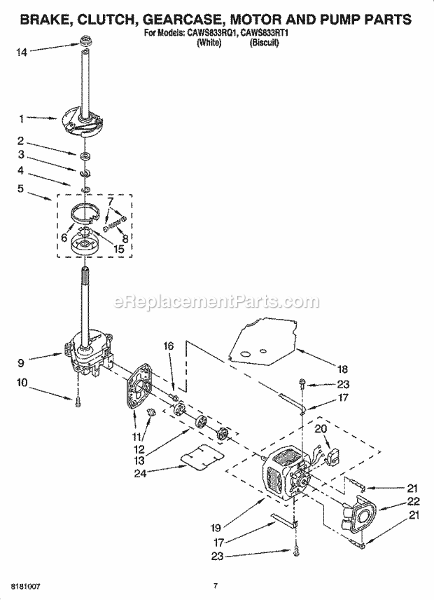 Crosley CAWS833RT1 Residential Residential Washer Brake, Clutch, Gearcase, Motor and Pump Parts Diagram