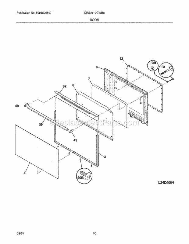 Crosley CRG3110GWBA Freestanding, Gas Gas Range Door Diagram