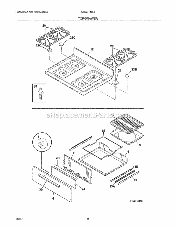 Crosley CRG3140GWWB Freestanding, Gas Gas Range Top / Drawer Diagram